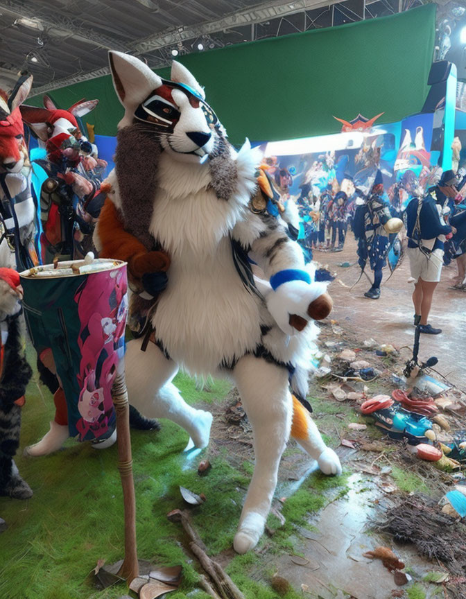 Colorful anthropomorphic fox costume at convention with staff and others in similar outfits.