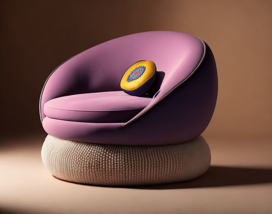 Purple Armchair with Eye-Shaped Cushion on Beige Textured Base