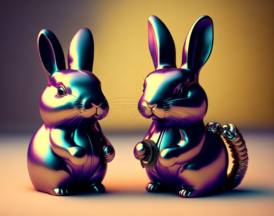 Iridescent Metallic Rabbits on Gradient Background