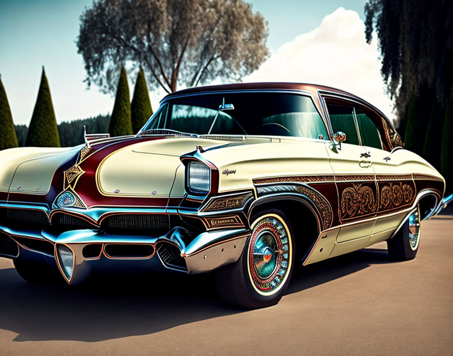 Classic Custom Car with Intricate Paintwork and Chrome Details Outdoors