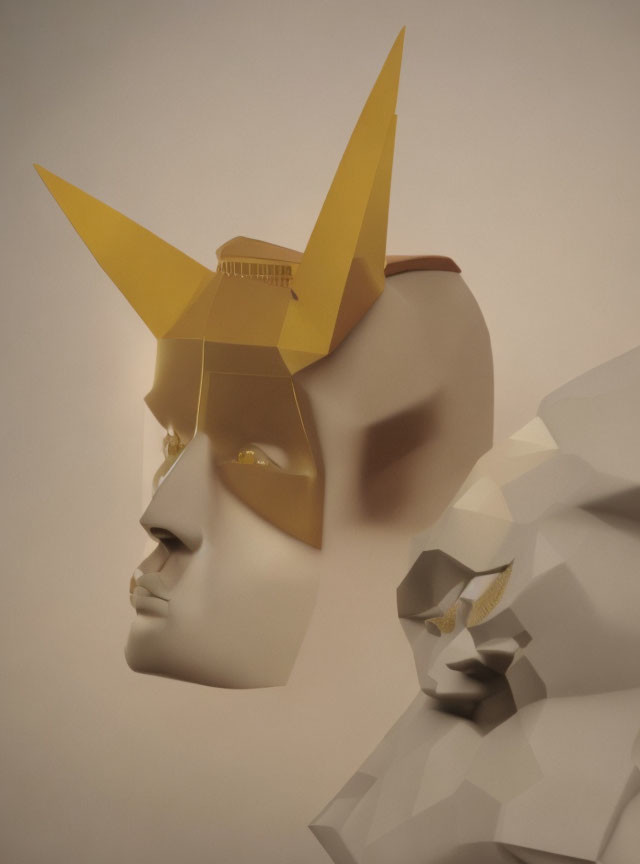 Geometric Human Head Sculpture with Abstract Faceted Surface and Crown Element