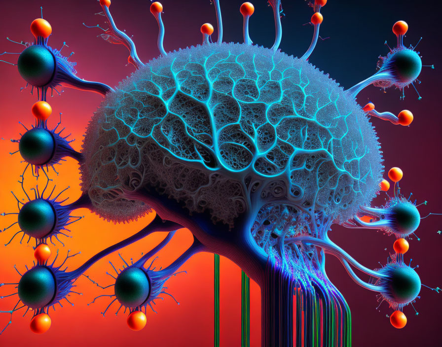 Neuron 3D digital illustration with dendrites and axons on red-blue gradient.