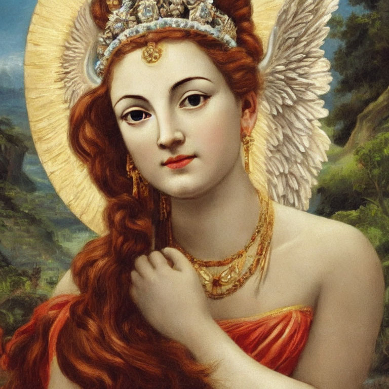 Portrait of woman with red hair, winged headpiece, gold jewelry, in natural setting