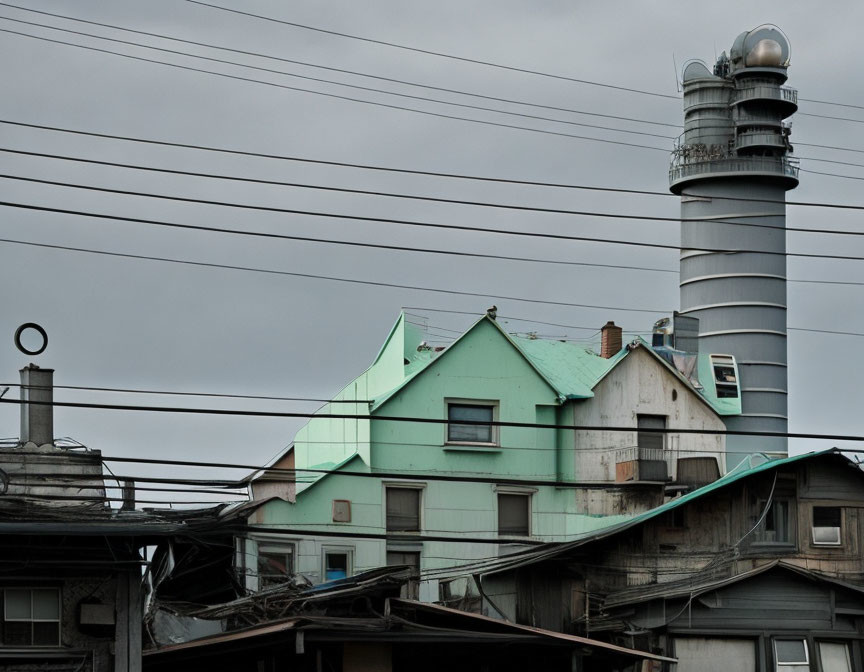 Industrial Scene with Towering Smokestack and Green-Roofed Buildings Under Cloudy Sky