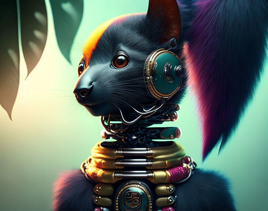 Futuristic digital artwork of a sleek robotic cat