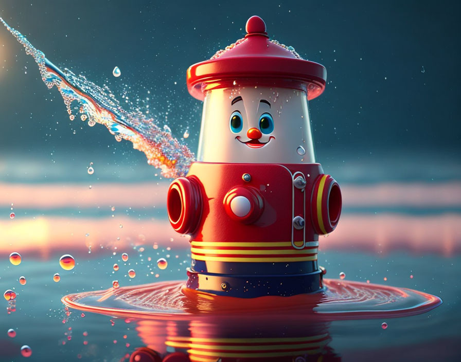 Smiling animated fire hydrant sprays water in aquatic twilight scene