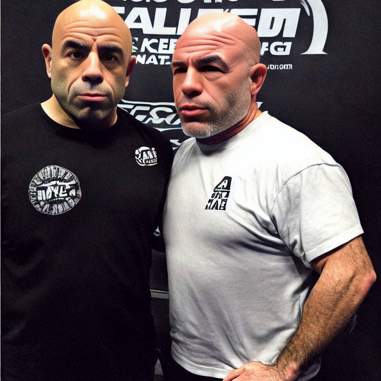 Two bald men in black t-shirts with logos, one with a beard, posing in front of logo