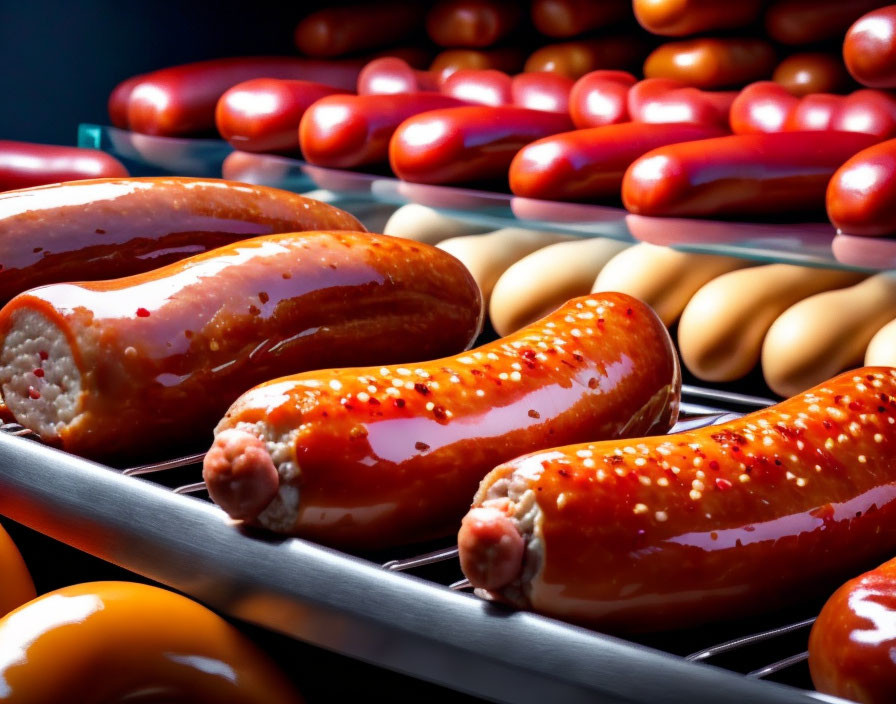 Juicy grilled sausages with glossy finish on grate, smokey background