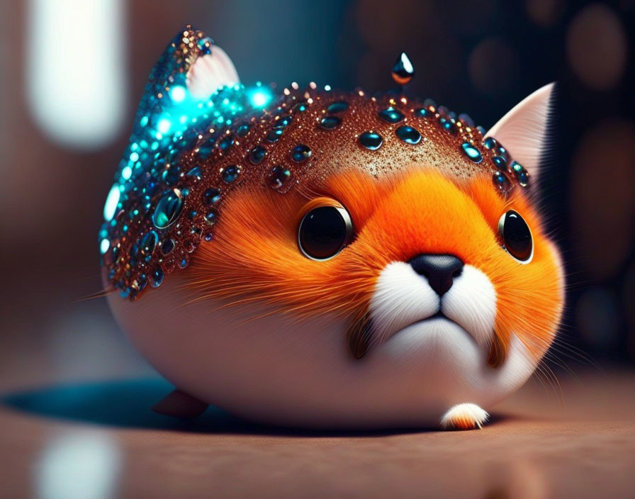 Illustration of whimsical orange-and-white cat with expressive eyes and jeweled sea creature resemblance