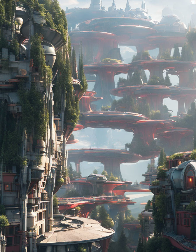 Futuristic cityscape with organic towers and lush greenery