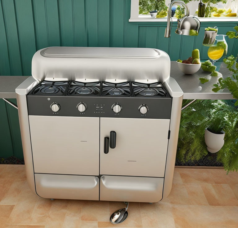 Cream-Colored Kitchen Stove with Gas Burners and Ovens Against Teal Wall