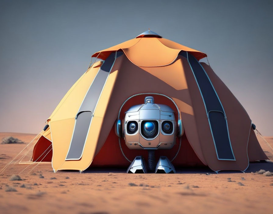 Futuristic robot in front of orange tent in desert landscape