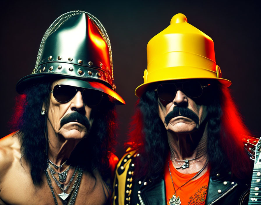 Two Mustached Individuals in Spiked Helmets and Sunglasses Against Moody Background