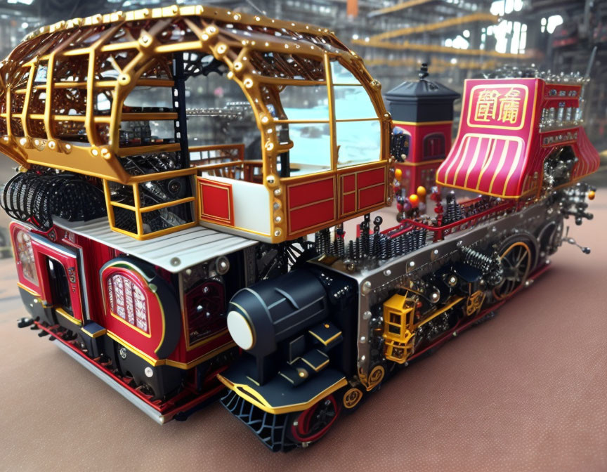 Detailed Asian-themed steam train model on industrial backdrop