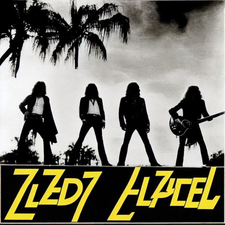 Four-member band silhouette under palm trees against dramatic sky with bold "ZZEZ ZZEL" text.