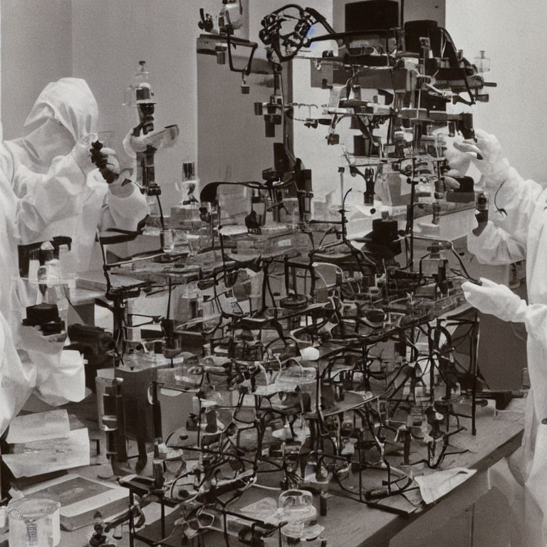 Scientists in lab coats and protective gear conducting experiments with scientific glassware.