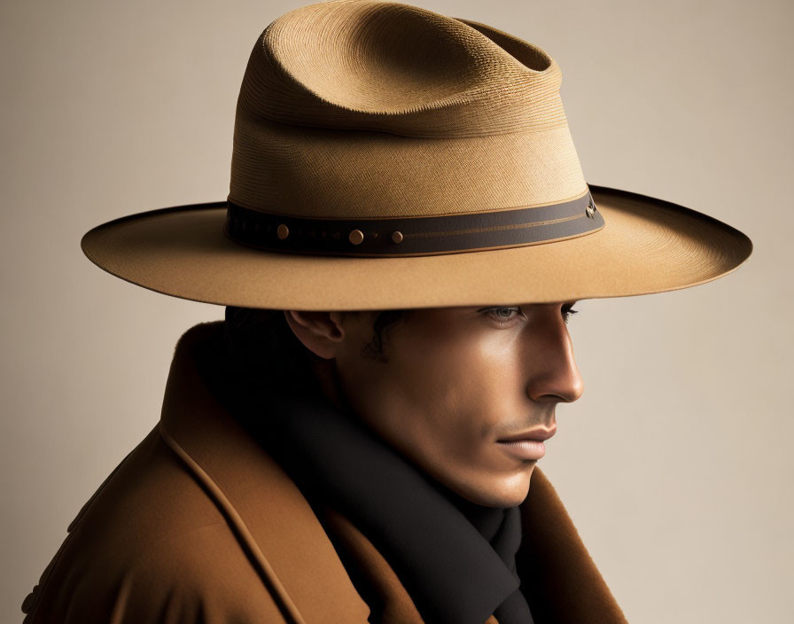 Fashionable man in wide-brimmed hat and brown coat on beige background