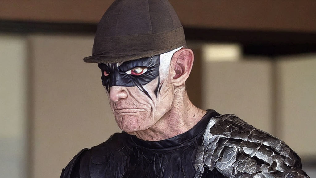 Theatrical makeup with black eye detail, hat, and armored costume portrait.