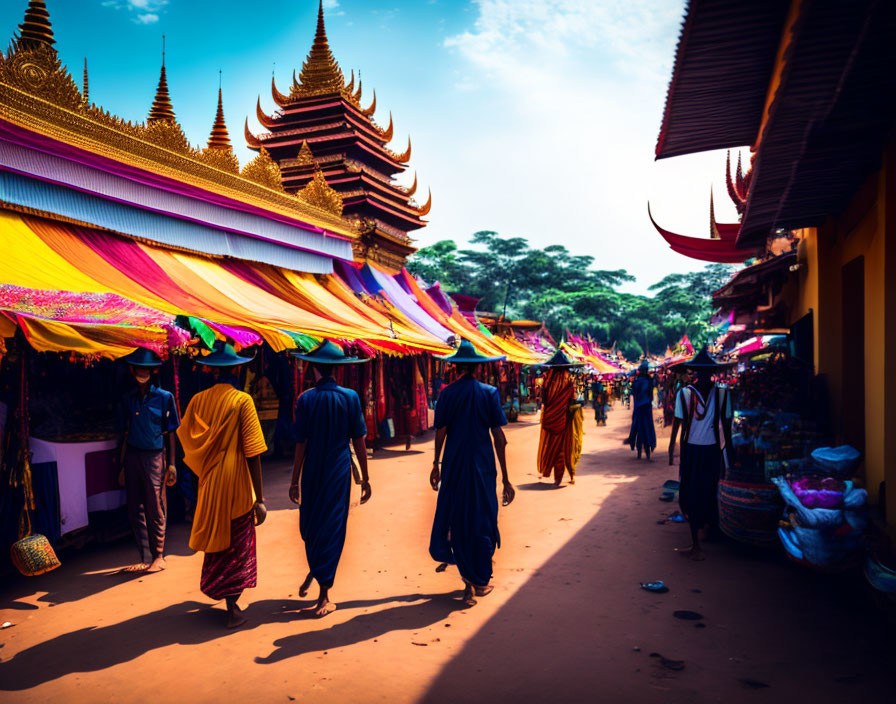 Vibrant market stalls near temple with traditional-dressed people