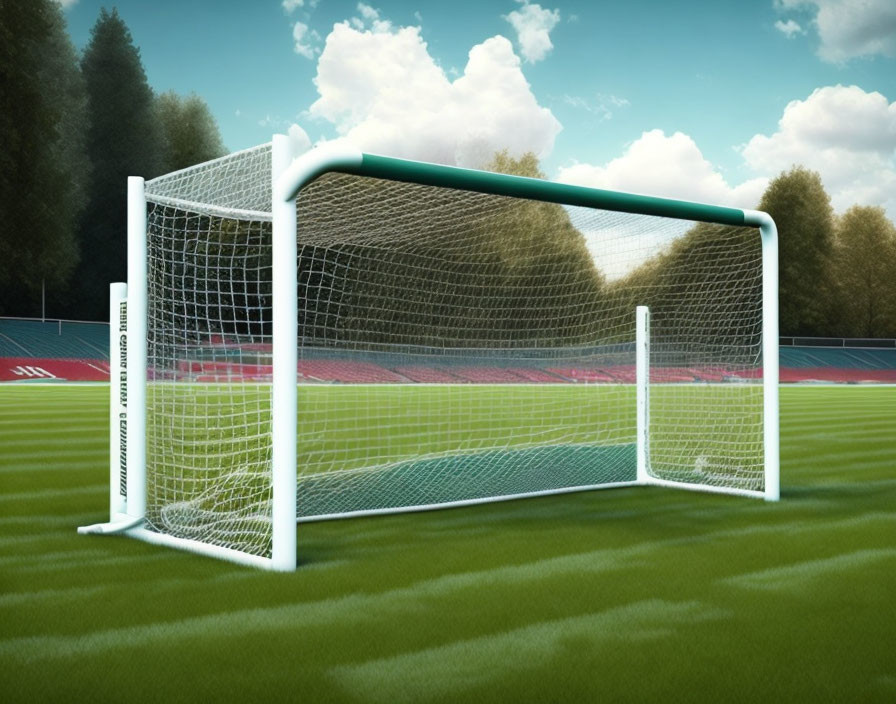 Soccer goal with white net on green pitch, empty stadium, clear day with scattered clouds