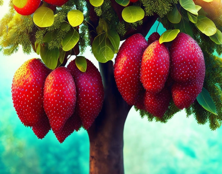 Lush green leaves with oversized strawberries on a tree