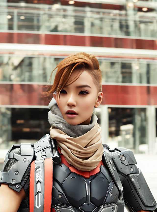 Confident person in futuristic body armor with edgy haircut in urban setting