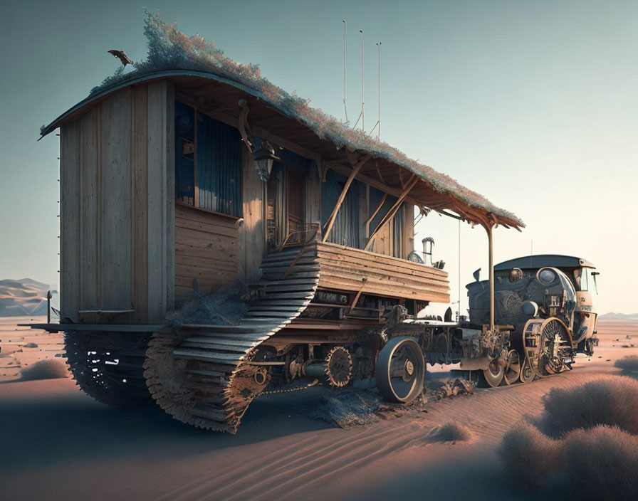 Wooden cabin fantasy locomotive on caterpillar tracks in desert landscape