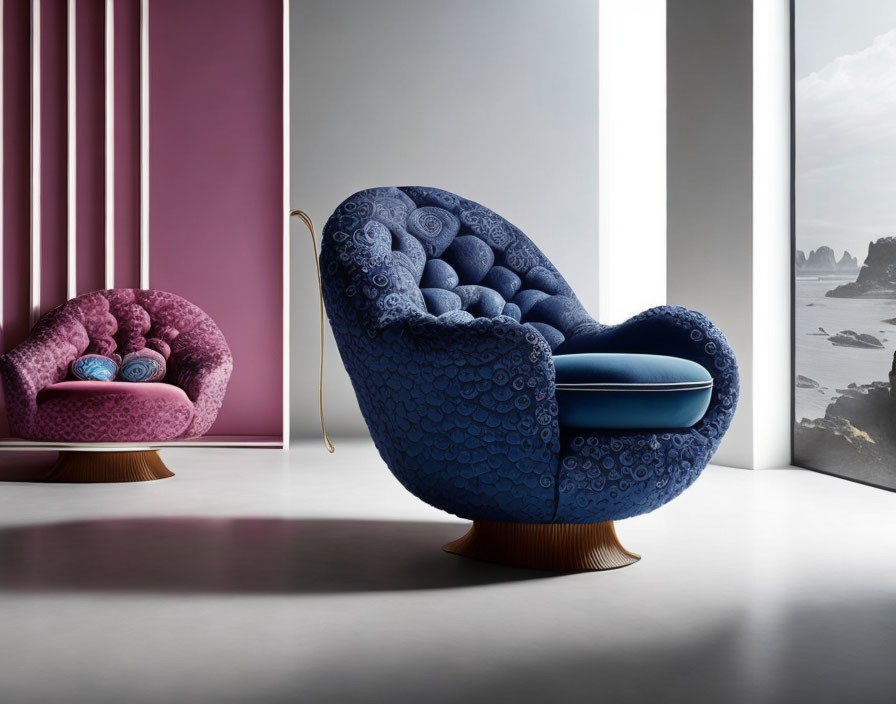 Luxurious Designer Armchairs in Blue and Purple Against Deep Pink Walls