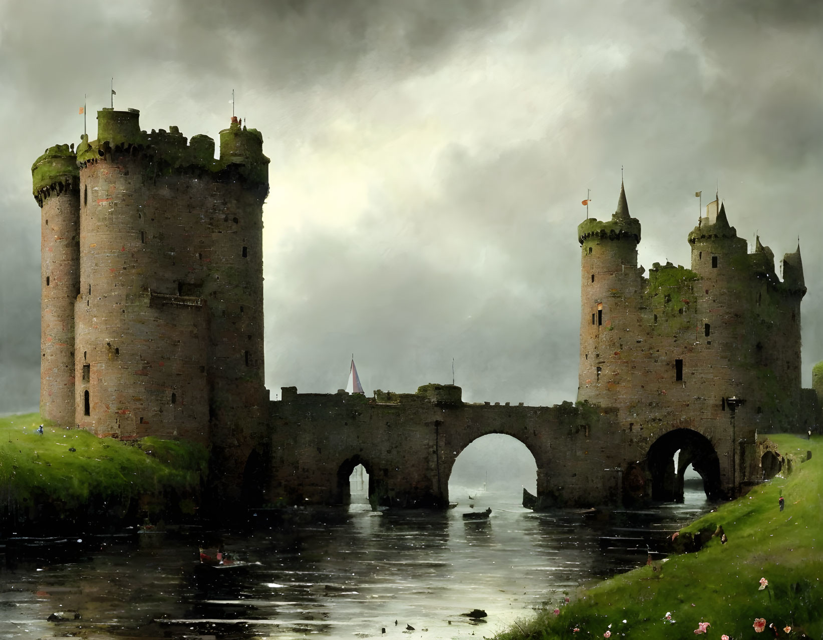 Medieval stone towers connected by arch bridge over river under gloomy sky