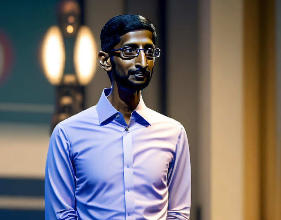 Bearded man in glasses wearing light blue shirt indoors