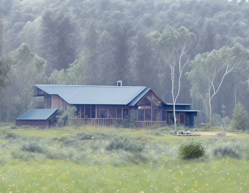 Modern House with Large Windows and Blue Roof in Foggy Meadow