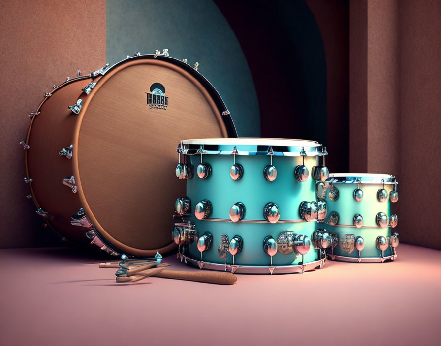 Turquoise Drum Set with Bass, Two Toms, and Drumsticks on Brown Background