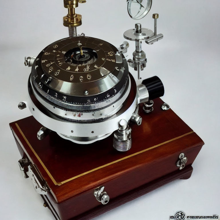 Vintage Navigational Instrument on Wooden Base with Dials and Scopes