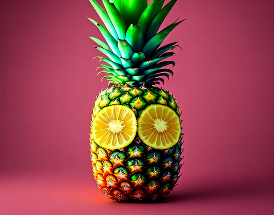 Whimsical pineapple with lemon slice eyes on pink background