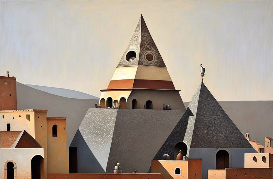 Surrealist painting: Pyramid-like structures in desert town with soft-hued sky