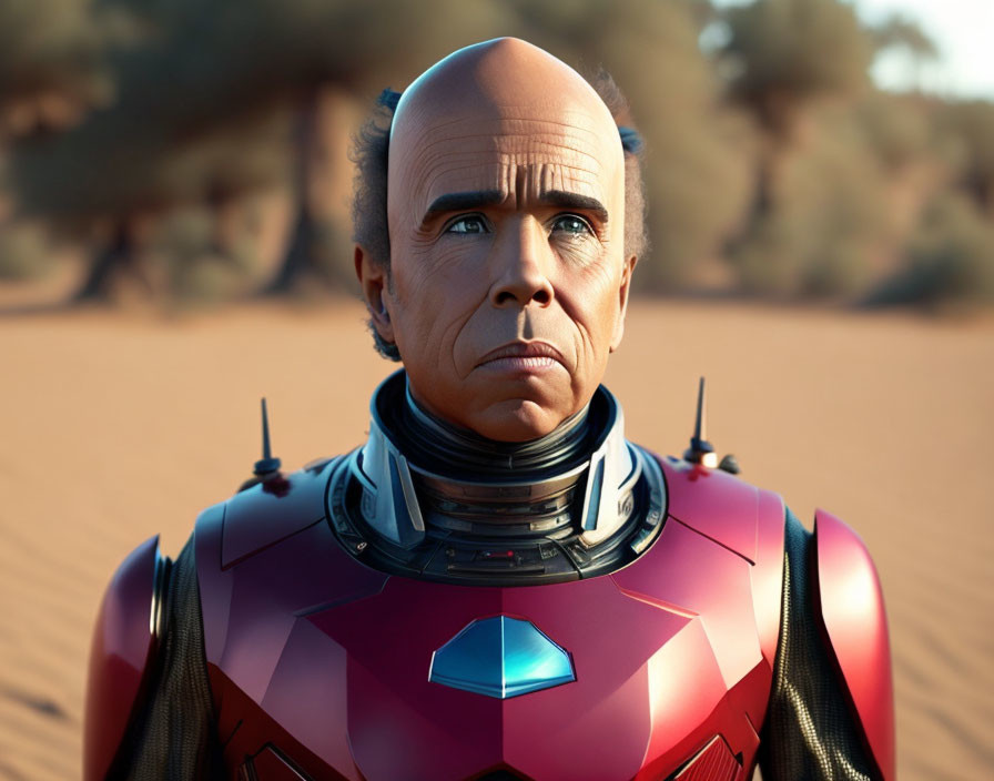 3D-rendered humanoid figure in high-tech suit with blue diamond emblem on desert backdrop