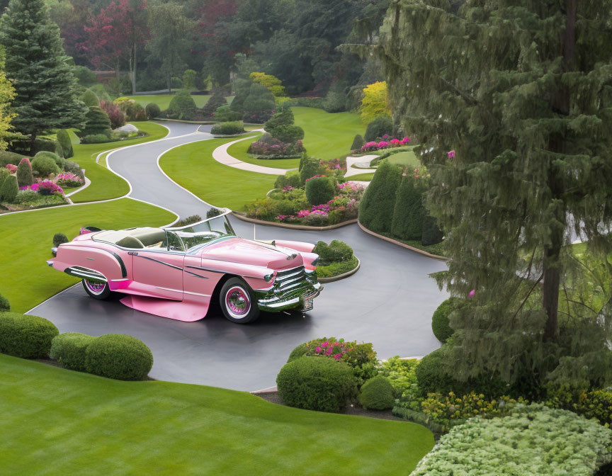 Pink Convertible Car Parked in Lush Garden