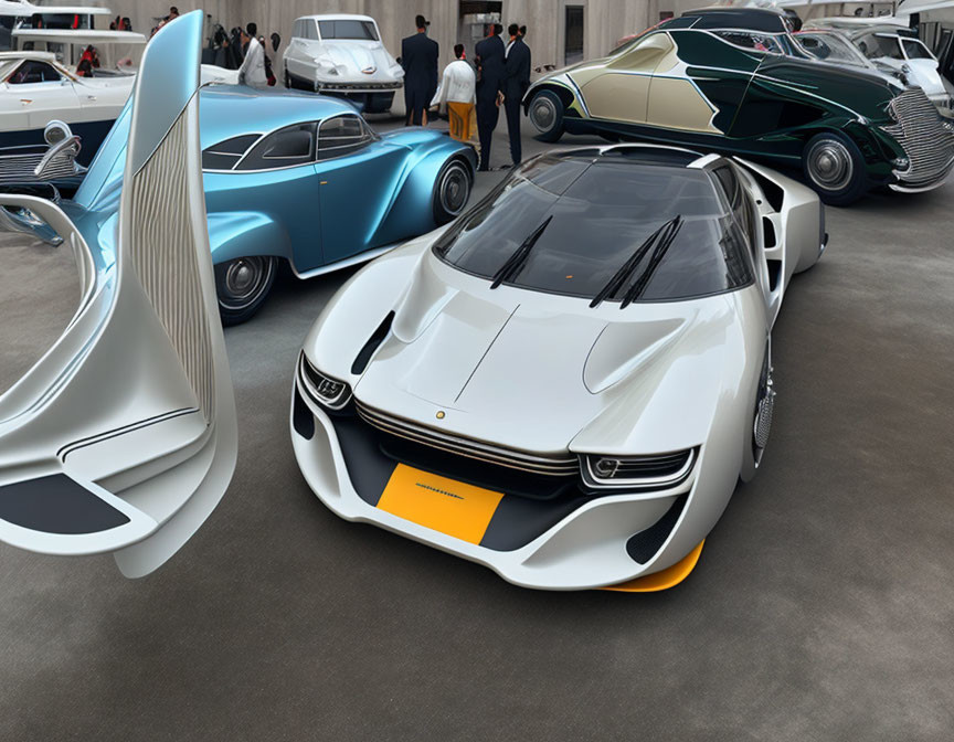 Futuristic white car with yellow accents at concept car exhibition