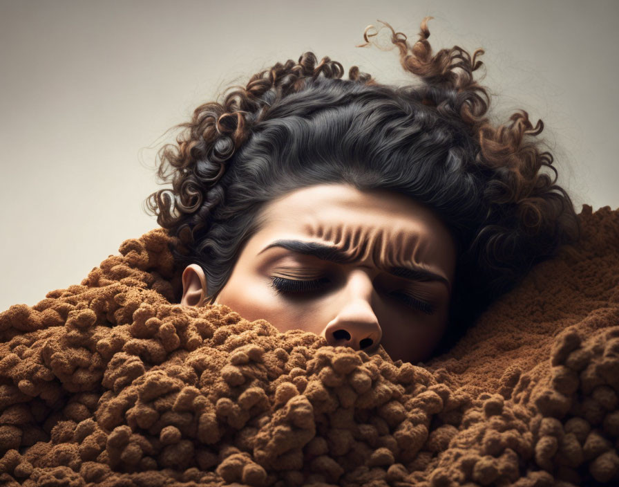 Curly-haired woman in textured brown material, eyes closed, serene expression