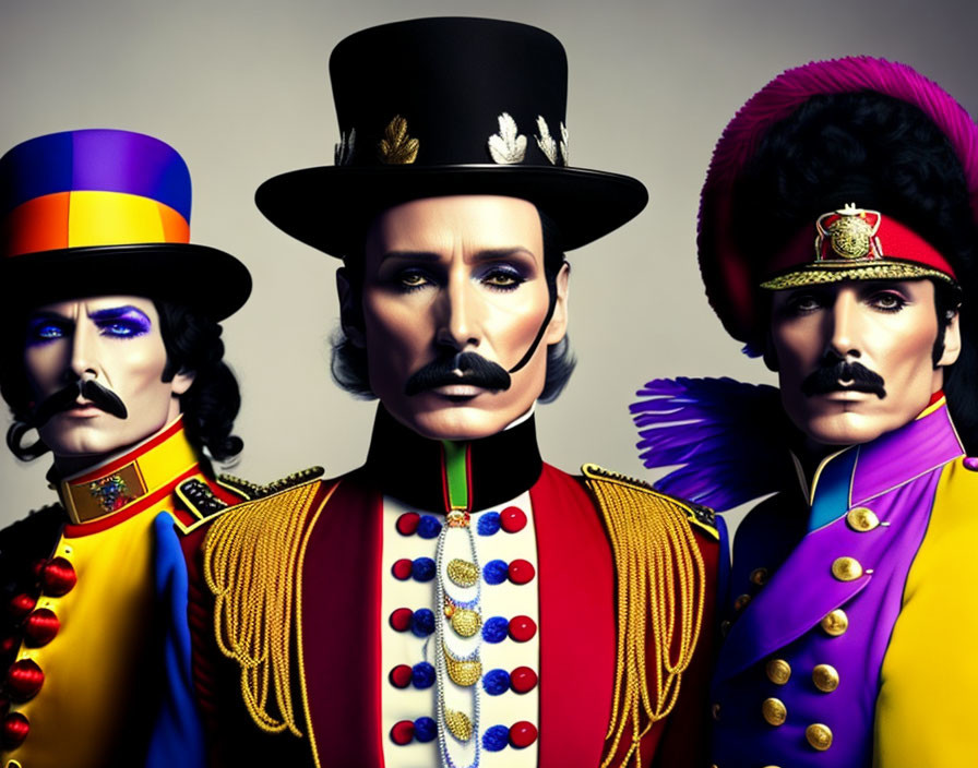 Three stylized men in dramatic makeup and mustaches in colorful military uniforms.