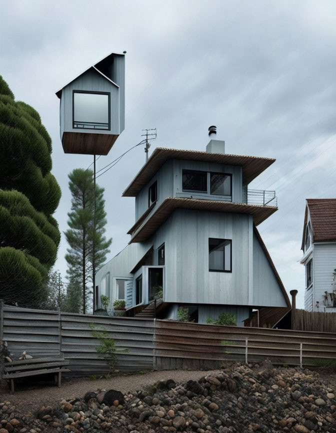 Modern house with inverted top section against cloudy sky and classic neighboring house in nature