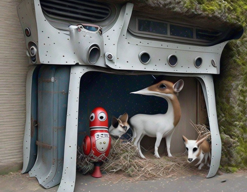 Repurposed old car dashboard with red robot, antelopes, and dog in hay shelter