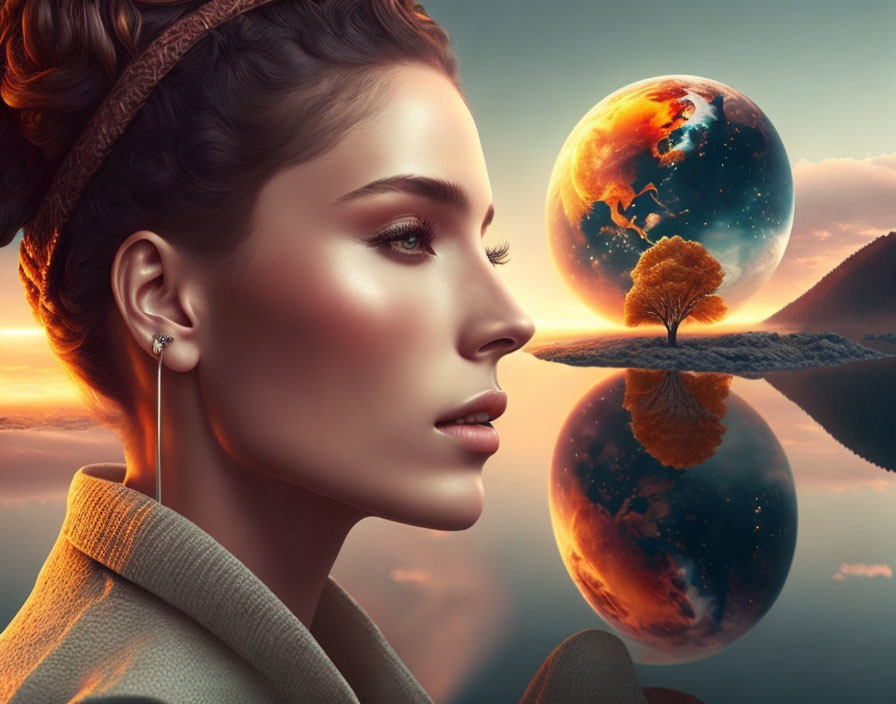 Detailed Woman's Profile Against Surreal Dual World Backdrop