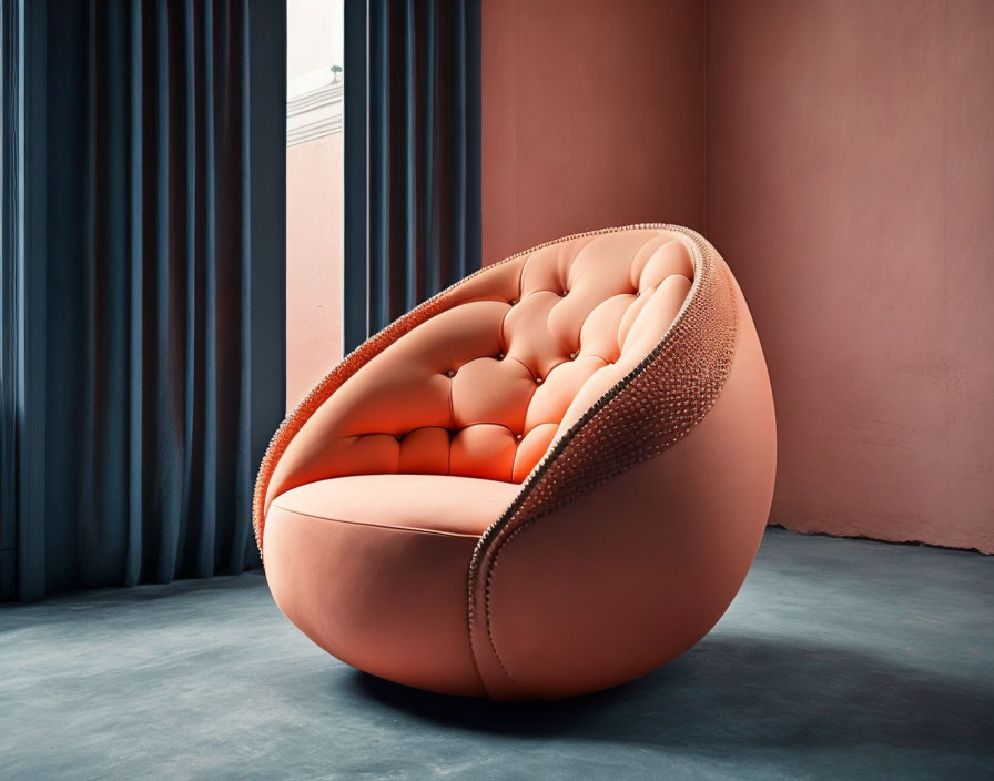 Stylish orange round chair with quilted interior and leather upholstery in pink room