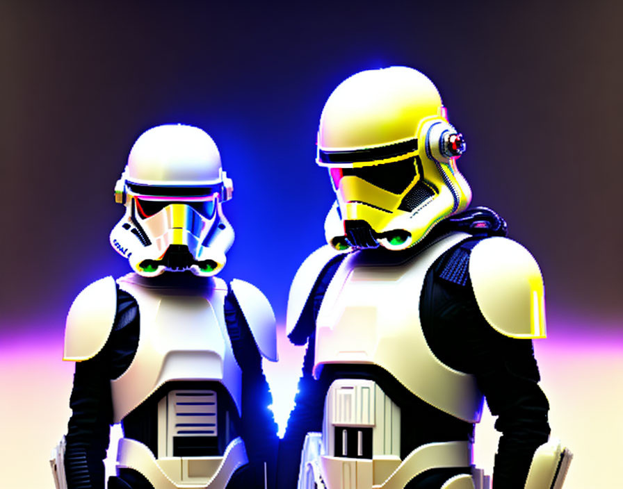 Stormtroopers with colorful visor lights on gradient background.