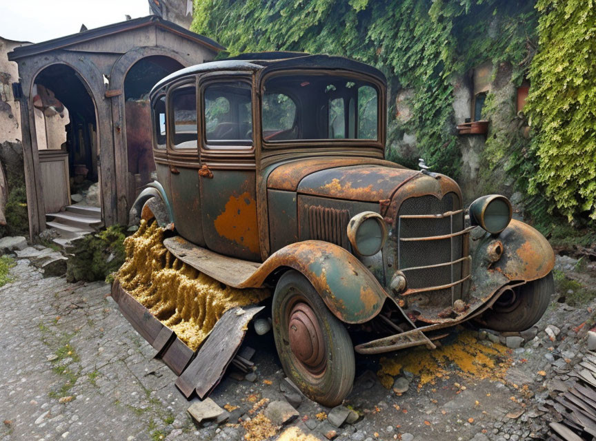 Abandoned rusted car on moss-covered ground near arches