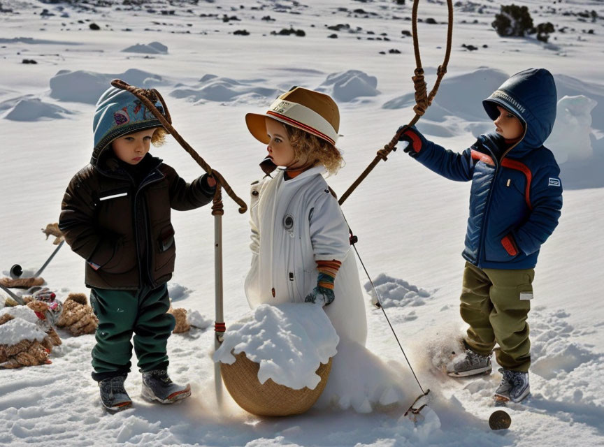 Children playing in snow with sled, stick, and winter clothes.