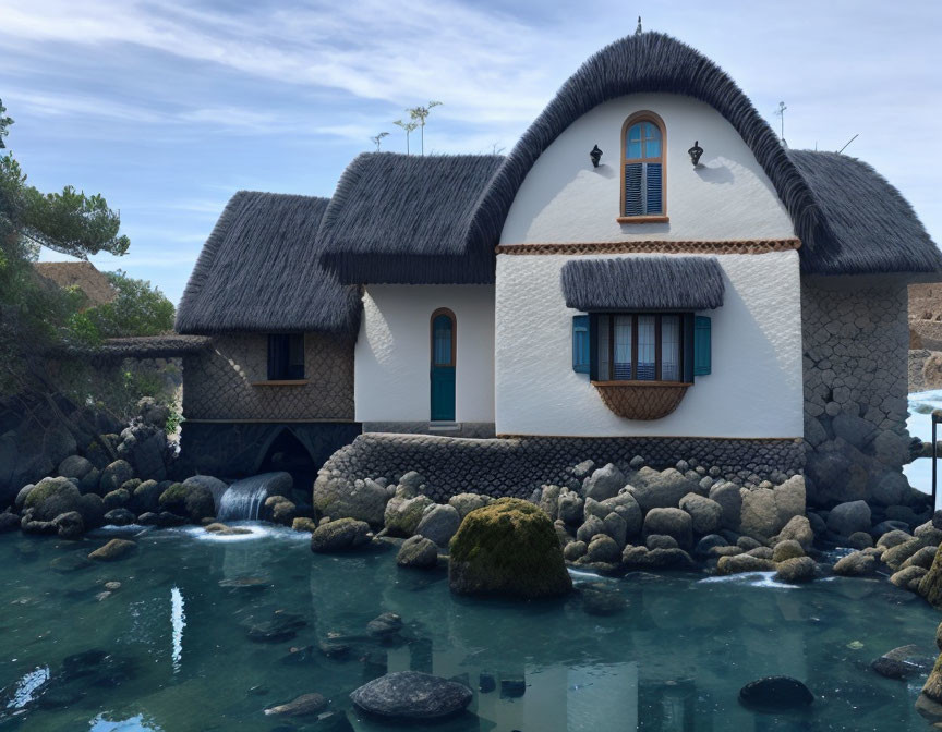 Thatched-roof cottage by serene water with rocks and moss