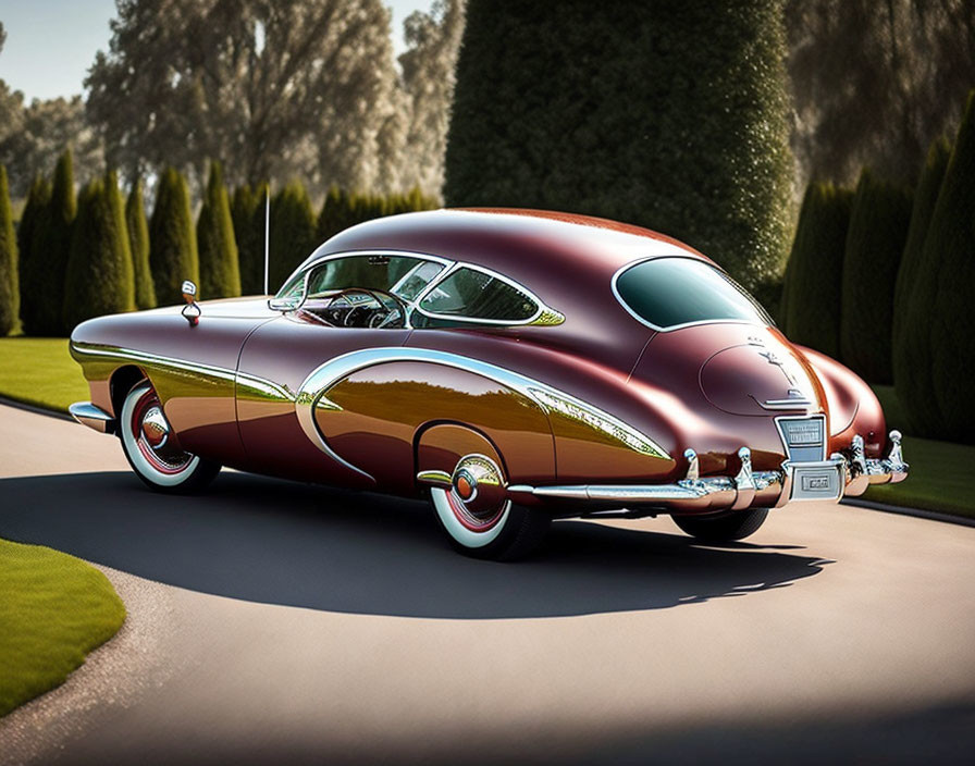 Classic Maroon Car Driving on Road with Green Landscape