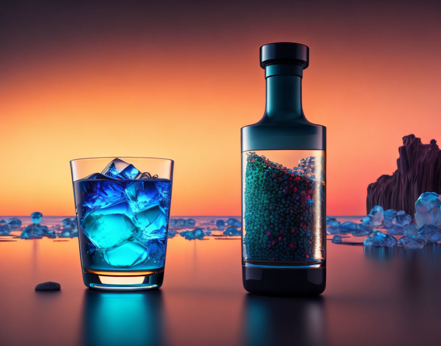 Blue ice cubes in glass with colorful beads in liquid bottle against orange sunset background.